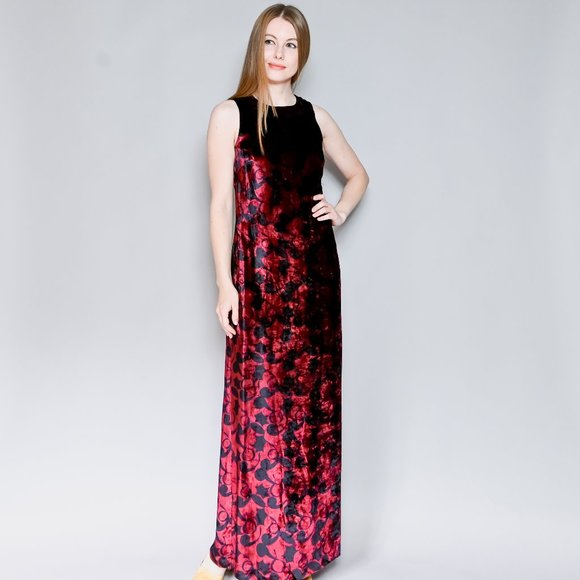 VERSUS VERSACE Vintage  90s Floral Velvet Maxi Dress Sz 42 - Picture 1 of 6